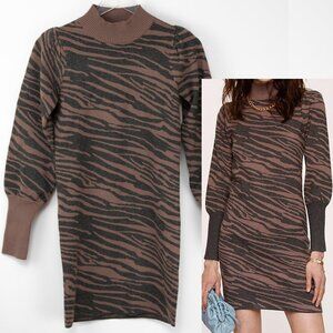 Heartloom Lari Dress Mini Tiger Print Jacquard Knit Long Sleeve Brown XS New